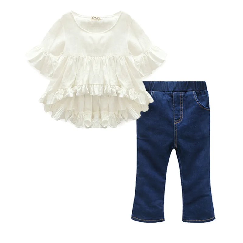 

EABoutique 2017 new products spring big girl irregular hem blouse horn jeans two suits, Picture