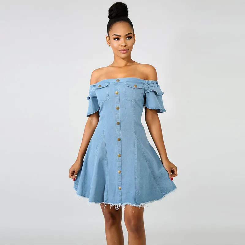 

Off Shoulder A-Line Denim Girly Dress