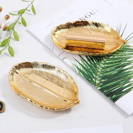 

golden leaf shape trinket dish for Ceramic key Jewelry Plate, Golden ceramic