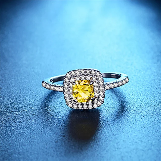 

White Gold Color Wedding Party Round Ring for Women Engagement Yellow Zircon Jewelry