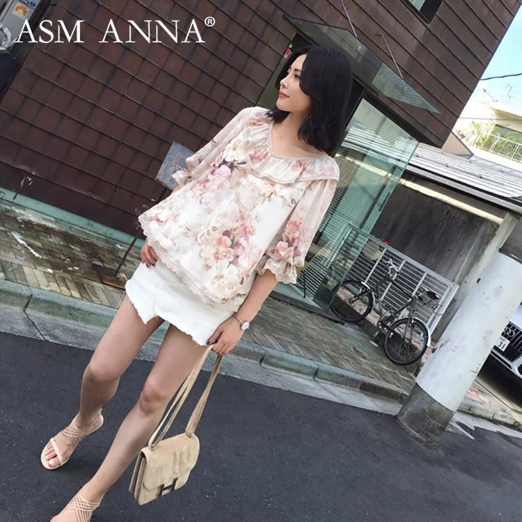 

ASM ANNA summer women floral all over printing blouse beach resort holiday style tops for women