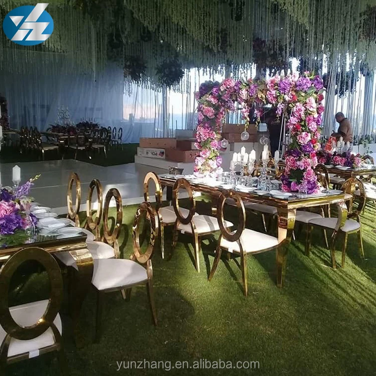
Gold Stainless Steel Frame Mirror Glass Top Banquet Table 
