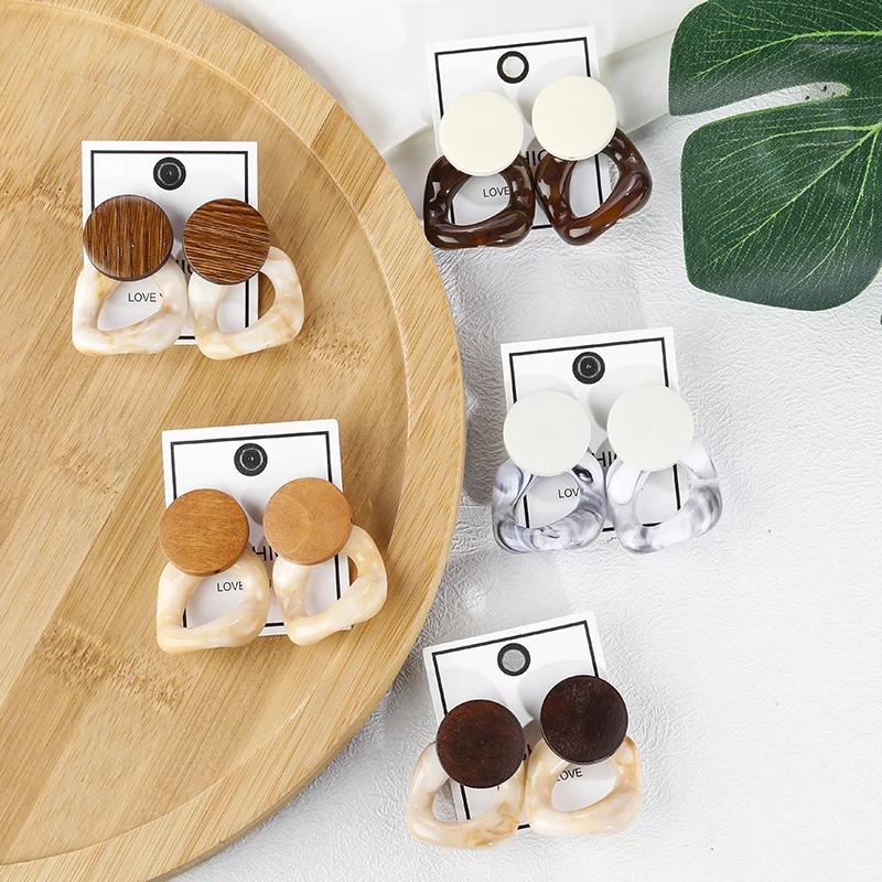 2019 New Fashion Resin Drop Earrings For Women Big Acetic Acid Korea Wood Round Geometric Stud Earrings