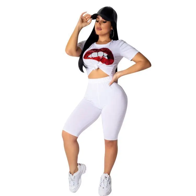 

Solid color casual sport suit short sleeves decorate with sequinesd large lips women two-piece set 3513, N/a