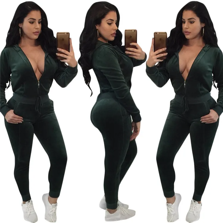 V neck long sleeve hooded sweatshirt and sweat pant set women tracksuit