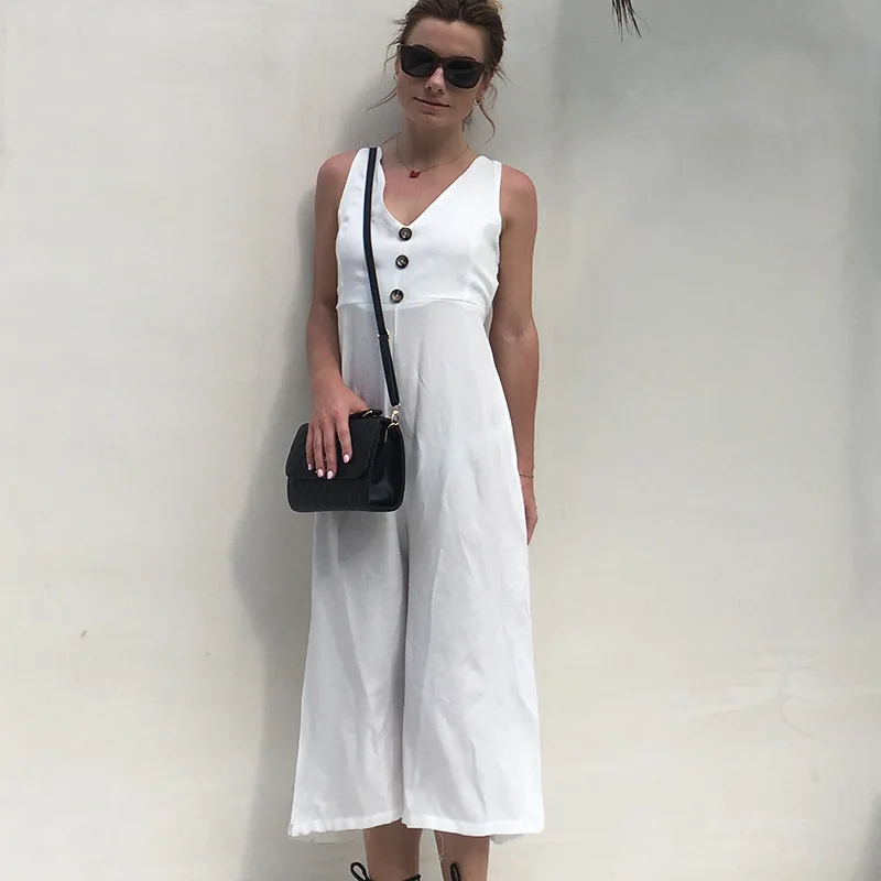 

D6171 Wide Leg Pants Sets Overalls For Women Loose Pants, White/light green