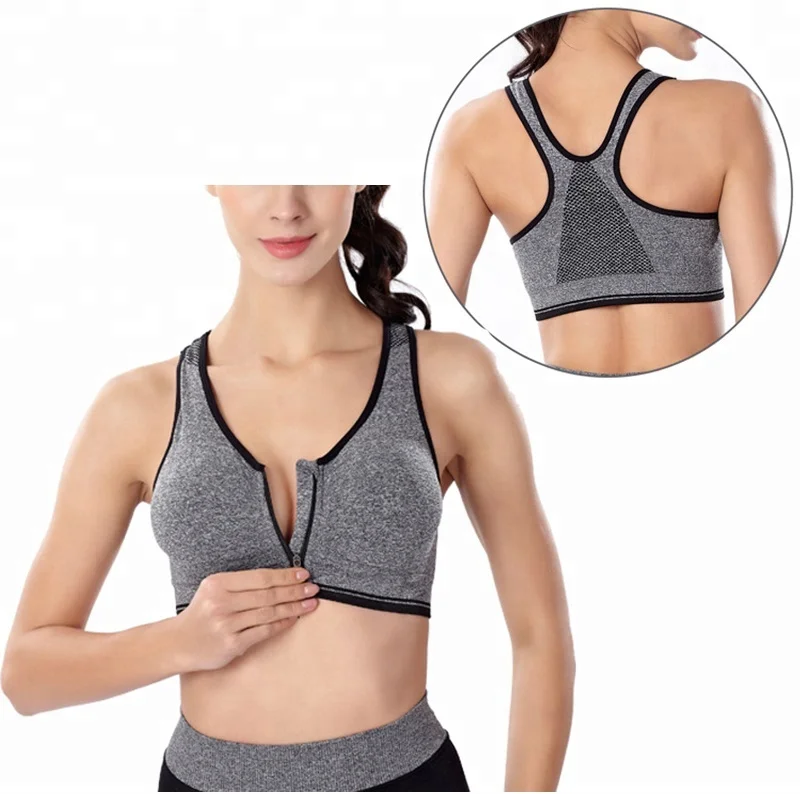 

1902 Ladies Front Zipper Bra Top Fitness Yoga Seamless Sports Bra, Gray, purple, blue, green, red