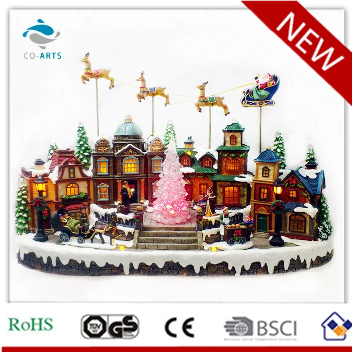 2022 Cheap Flying Reindeer Sleigh Musical Lemax Christmas Village Houses Scene With Led Light