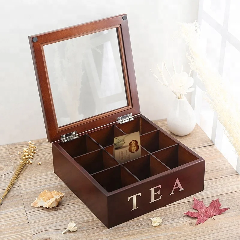 Rustic Style Wooden Tea Storage Chest Tea Bag Box With 9 Compartments
