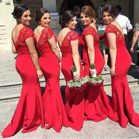 

Hot sale Wedding Guest Dress plus size Lace Appliqued Cheap Mermaid Maid Of Honor Red Bridesmaids Dresses MBA333