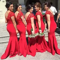 

Capsleeve Wedding Guest Dress plus size Lace Appliqued Cheap Mermaid Maid Of Honor Red Bridesmaids Dresses MBA333