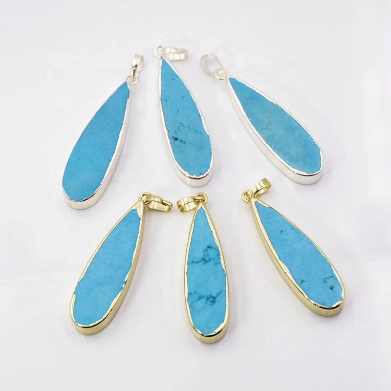 

Teardrop Gold silver Plated Natural Copper Turquoise Pendant Bead Shield Drop Turquoise Gemstone Charm Boho DIY Making Jewelry, Blue turquoise