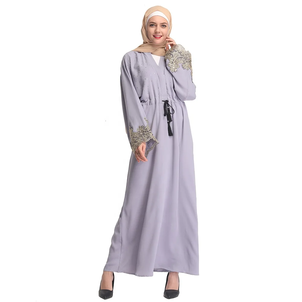 

Wholesale evening dress party long sleeves lace trim islamic clothing modest abaya women clothing, Black, gray