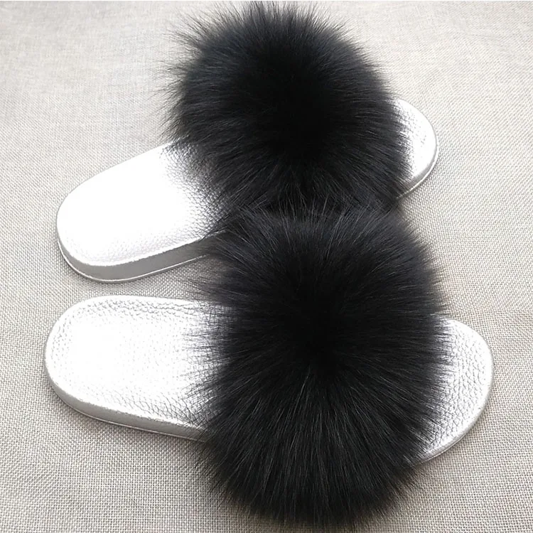 black fur flip flops