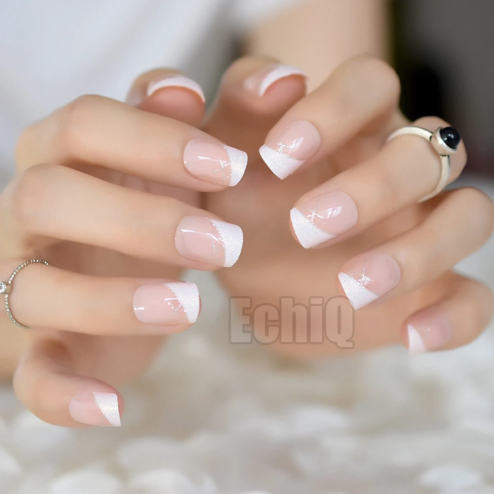 

Nude White French False Fake Nails Shimmer Glitter Decor Squoval Nail Tips Full Cover Faux Ongle Acrylic Artificial Wear Nails, Natural nude
