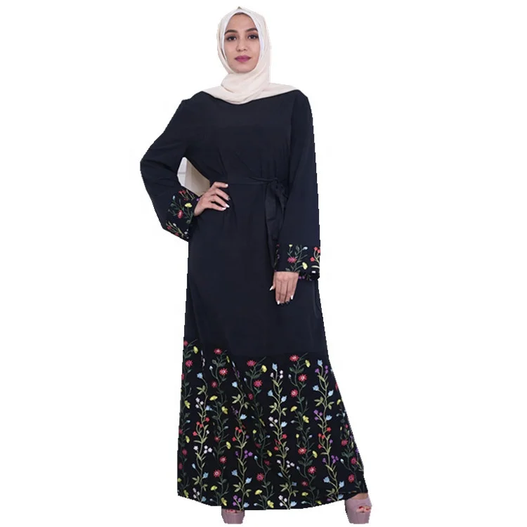 

2019 new arrival middle east maxi dress long sleeve flower embroidery muslim islamic clothing abaya, Black