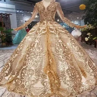 

Jancember LSS260 gold sequin dress long sleeves lace up long train flower patterns gold long evening dress