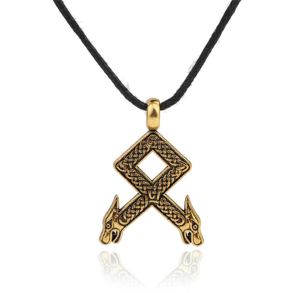 

Jewelry Rune pendant Odal with Wolf Heads Viking Runes Runic Necklace, Antique silver,antique gold