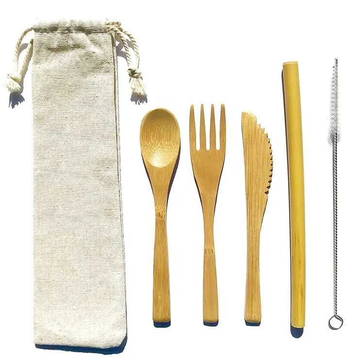 

Portable Organic Tableware Wholesale Bamboo Reusable Straw Cutlery Set, Bamboo natural