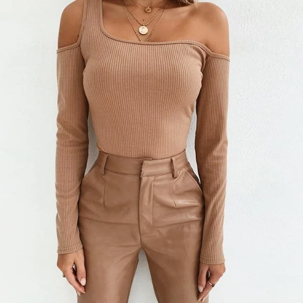 

SP2229A Fashion Khaki Black Off-shoulder Women Knitted Tops