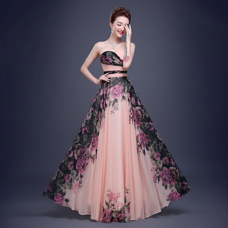 Top sales New Spring Flower Printing Chiffon Strapless Prom Ball Gown Dress