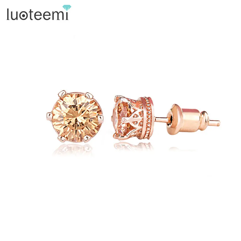 

LUOTEEMI Wholesale Gemstone Elegant Engagement Wedding Jewelry Women Rose Gold Plated Design Round Black CZ Stud Earrings