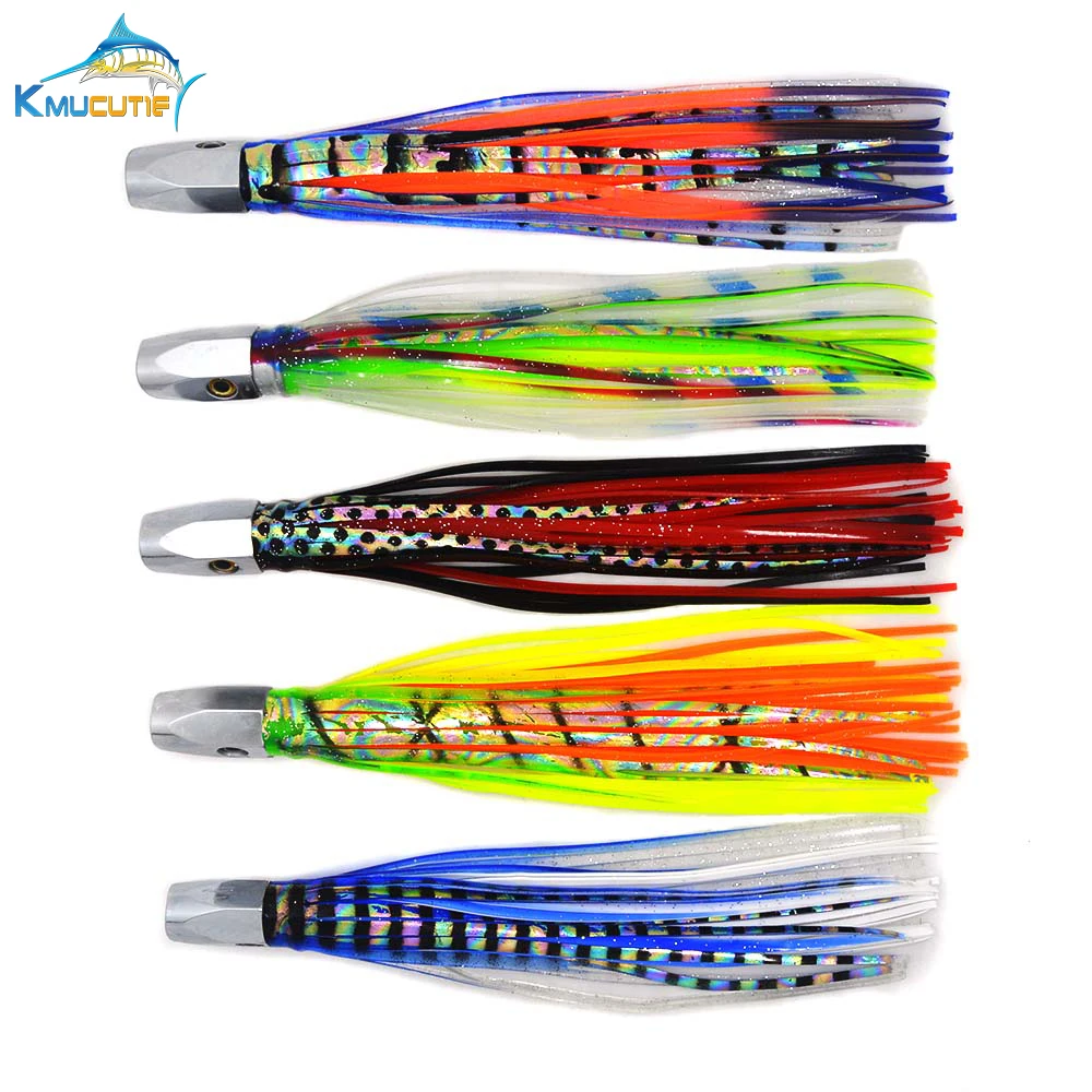 

5 colors 8 Inch 85G Big Game Trolling Marlin Lures Jets Copper Head Skirt ocean boat Fishing Lures, 4 colors