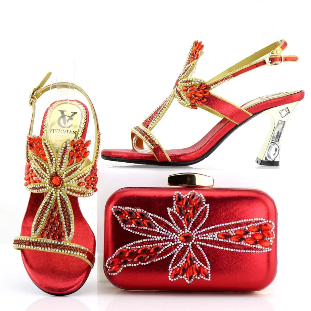 

Rortydream wedding shoes and bag set high heel 8cm red crystal shoes and bag with stones 7438