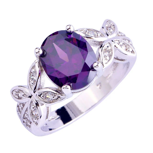 

SJAE061 New Saudi Arabia Gold Wedding Ring Price 18K White Gold Plated Souvenir Purple CZ Flower Elegant Diamond Wedding Ring, As the pictures