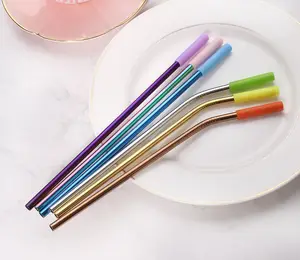 Image of Bent Stainless Reusable Decorative metal straw stainless steel drinking straws with silicone tip set