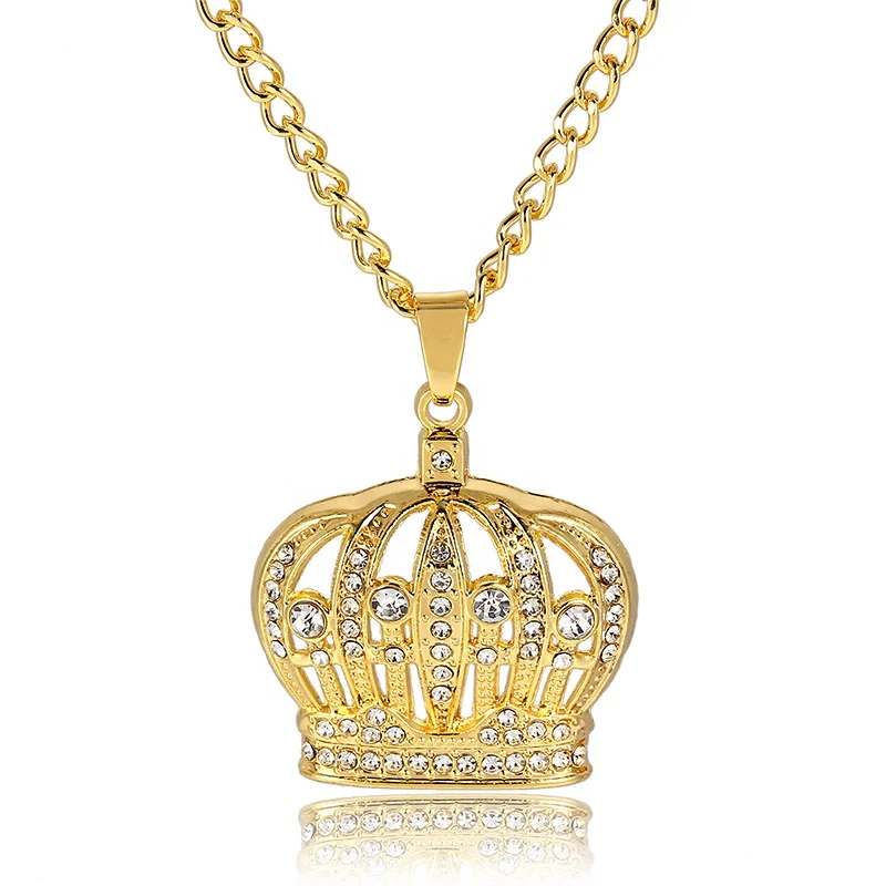 

HipHop Men Silver/Gold Plated Crystal Crown Pendant Chain Necklace Jewelry Fashion Gold Necklace Men, Gold color