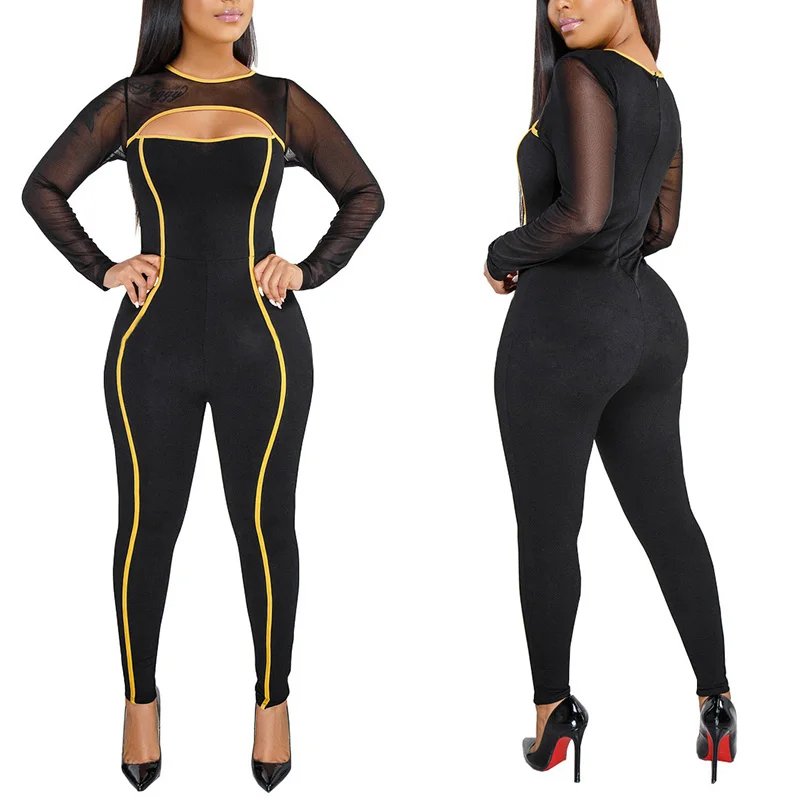 Sexy Women Jumpsuit One Piece Long Jumpsuit Mesh Patchwork Top Long