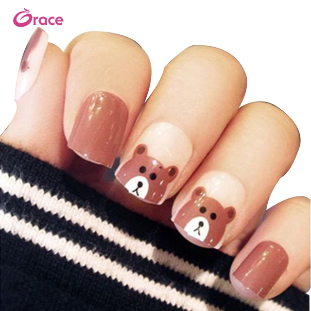 

B08 artifical false nail 3d brown cute bear false nail art pre glued false nail sticker, Picture