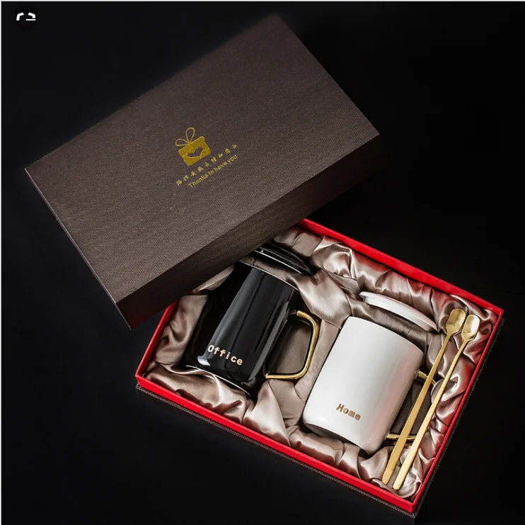 

procelian coffee wedding office gift cup box set black white gold handle ceramic mug with handle lid and spoon, Customized promotional mug