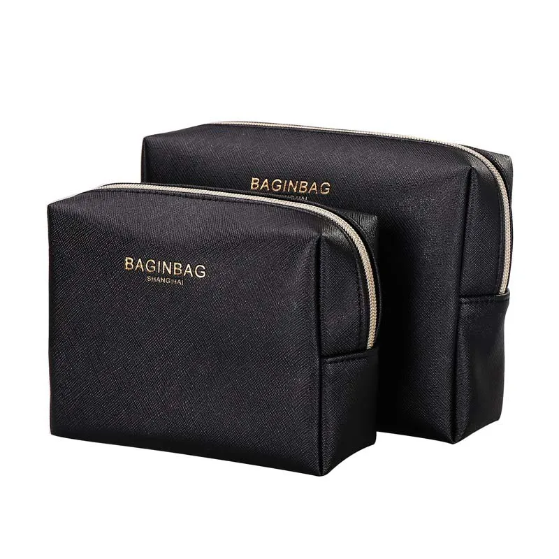 

Eco saffiano PU leather cosmetic bag small make up bags with logo stamping, Black ,brown, gray / any colors can be