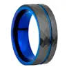 Offset blue groove black hammered tungsten carbide ring