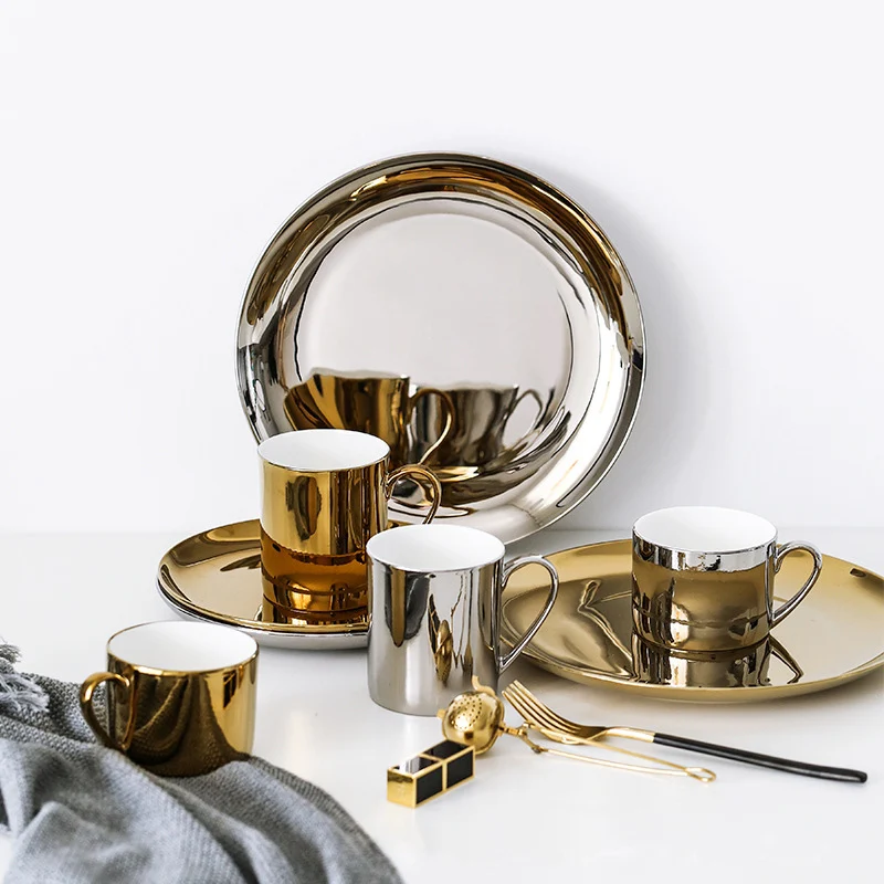 Royal Bone China Dinner Set 4pcs Gold Dinnerware Set Ceramic Gold Plate and Mug