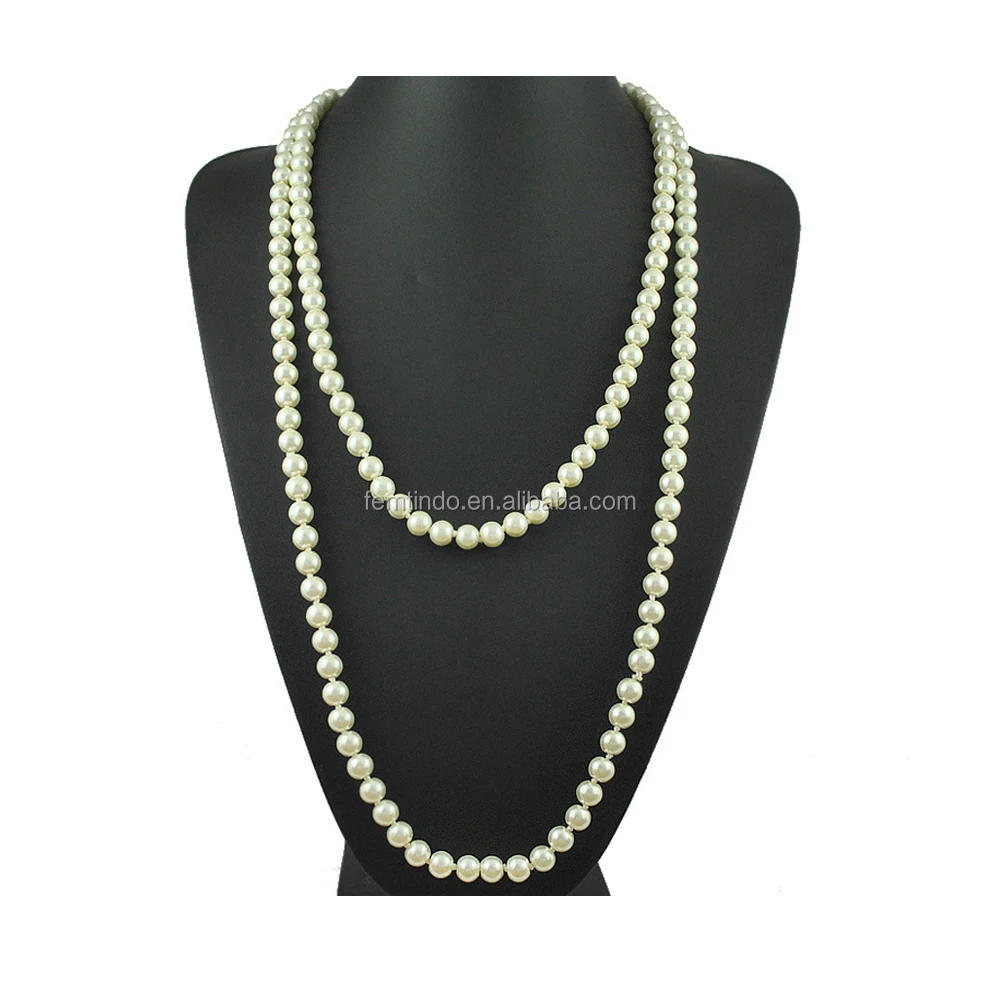 8mm Faux Pearl Necklace Hand Knotted Long White Flapper Beads Choker