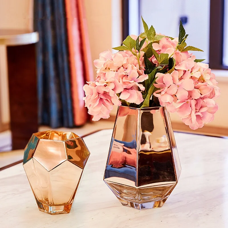 
Colored Metallic Geometric Faceted gold glass vases for wedding centerpieces 