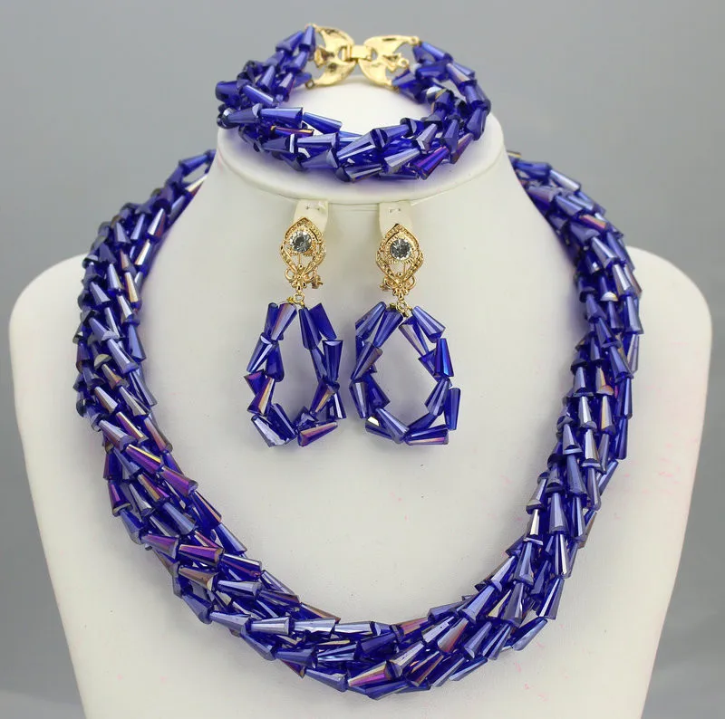 

New arrival Royal Blue Wedding African Beads Jewelry Set Crystal Beaded Pendant Necklace Set Blue Dubai Bridal Jewellery Set, Picture