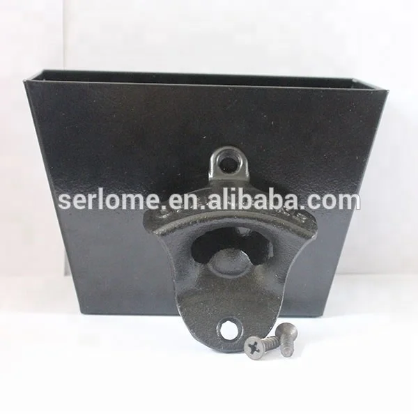 
Black Cast Iron Open Here Wall Mounted Bottle Opener Black Stainless Steel Cap Catcher 