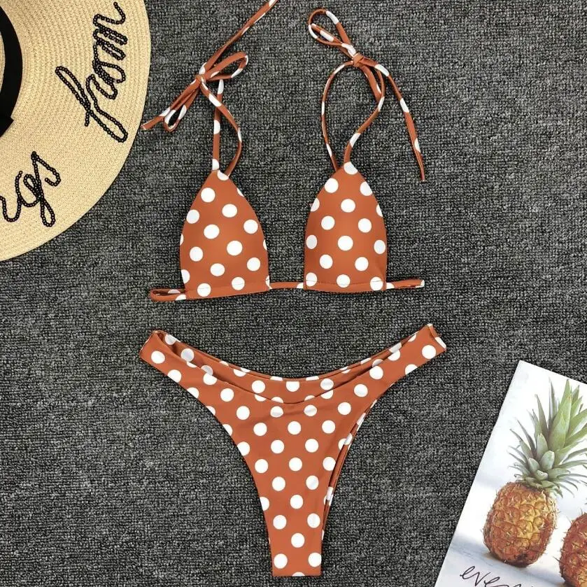 

Wish Hot Selling Summer Women Sexy Bikini Set Dot Printed Backless Extreme Micro Girl Two Piece Swimwear, Orange