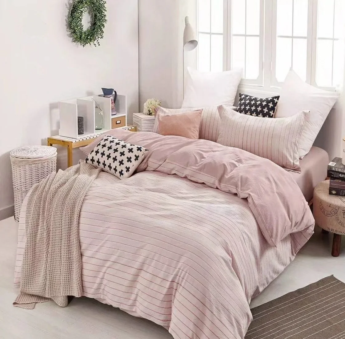 
100% cotton Stripe linen woven fabric buying Duvet Cover, Washed yarn dyed plaid check Comforter bedding sheet sets. 