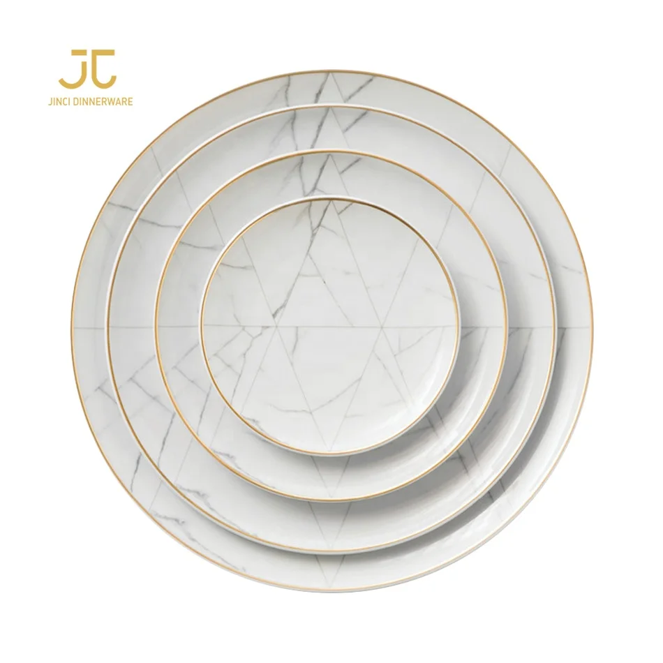 

Marble dining table set latest ceramic dinner set, White with gold rim