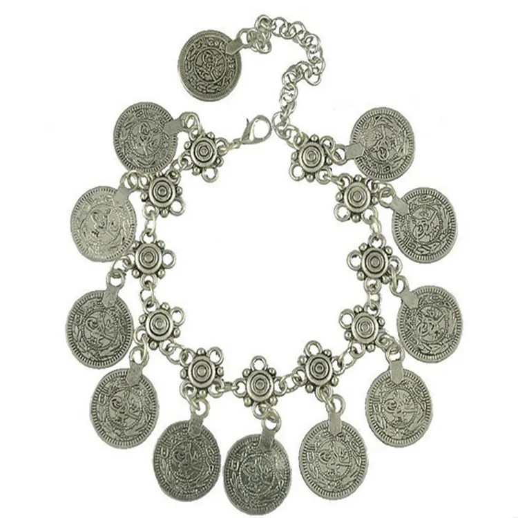 

Wholesale Beach Holiday Retro Ladies Silver Anklets With Coin Designs Image Barefoot Yiwu Market