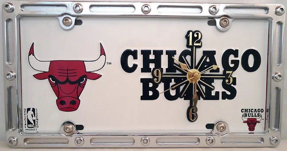 1 , Quartz Clock, on a, Chicago Bulls, Metal Sign, in a Slotted Rim Metal Border,,6A2.8&4A1.2