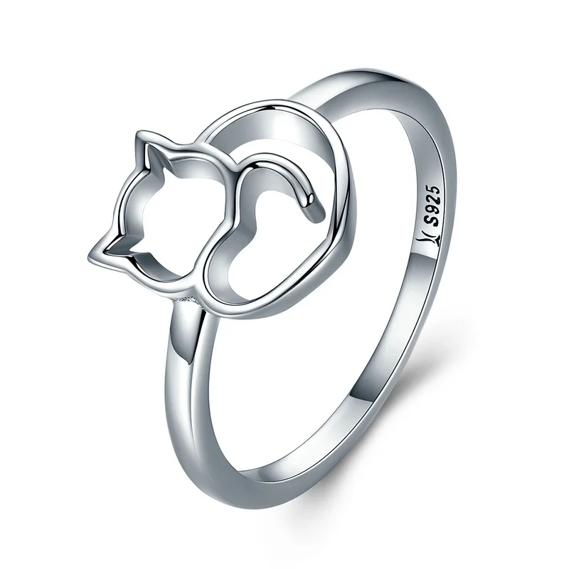 

New Trendy 100% 925 Sterling Silver Naughty Little Cat & Heart Finger Ring