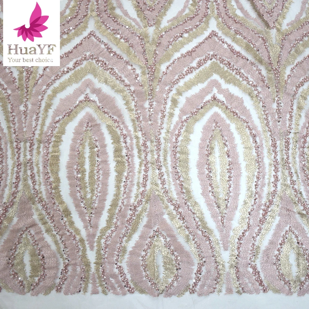 

New coming pink mesh lace embroidery fabric tulle with pearl fancy net fabric HY1005-8, As picture show