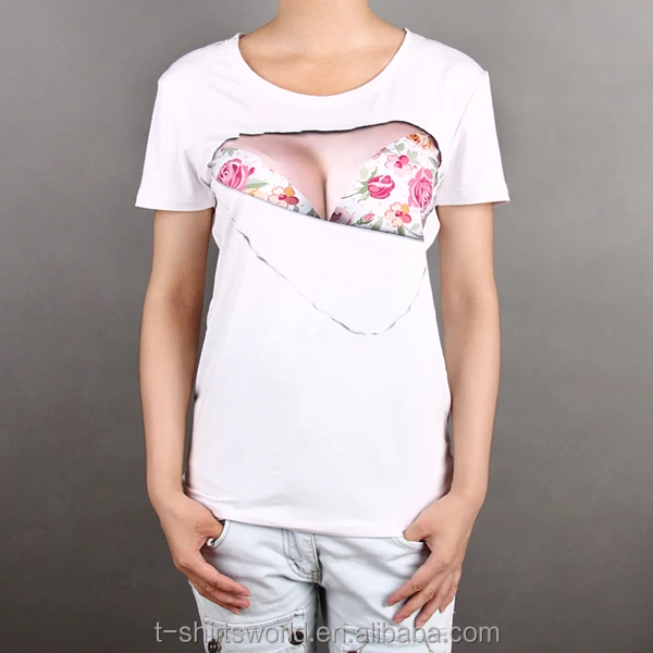 Hot Sale Woman T Shirt D Cup Bra Printing Girl Tshirt Soft Cotton