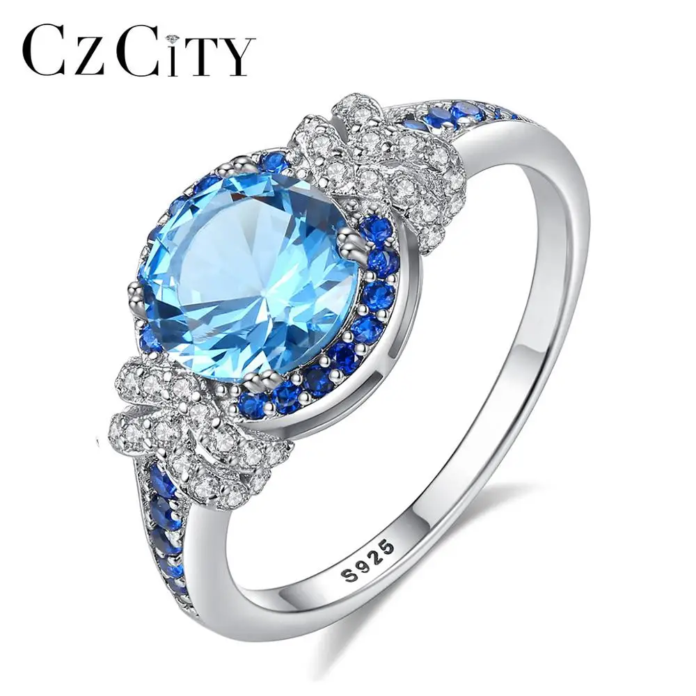 

CZCITY Women Precious Gemstone Sapphire 925 Sterling Silver Fashion Engagement Wedding Ring